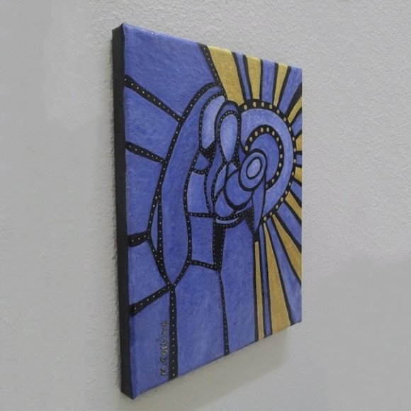 Abstract Holy Family Nativity Blue Gold Original Christmas Painting - Picture 2 of 4